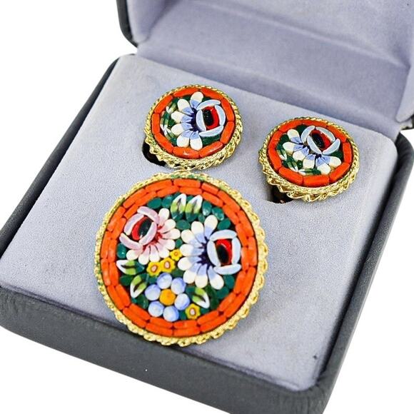 Italy Jewelry - Vintage Italian Micro Mosaic Brooch & Earrings Set Orange Fall Colors Floral